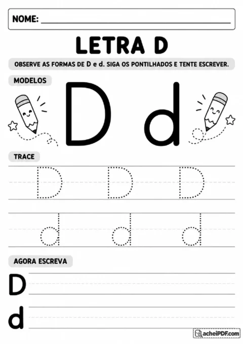 Letra D maiúscula e minúscula com haste e curva para traçar e reproduzir.