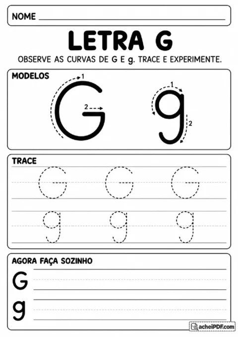 Letra G maiúscula e minúscula com curvas e detalhes pontilhados para praticar.