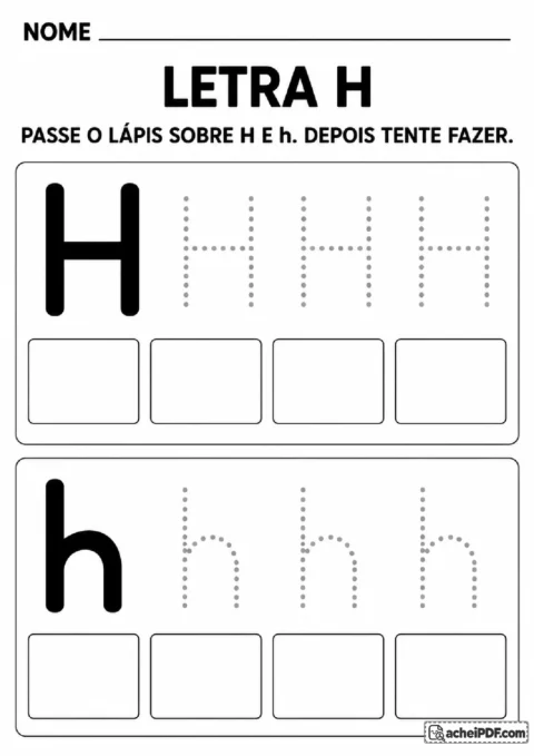 Letra H maiúscula e minúscula com hastes e conexão central para traçar.