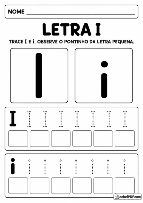 Letra I maiúscula e minúscula com haste vertical e ponto para reprodução.