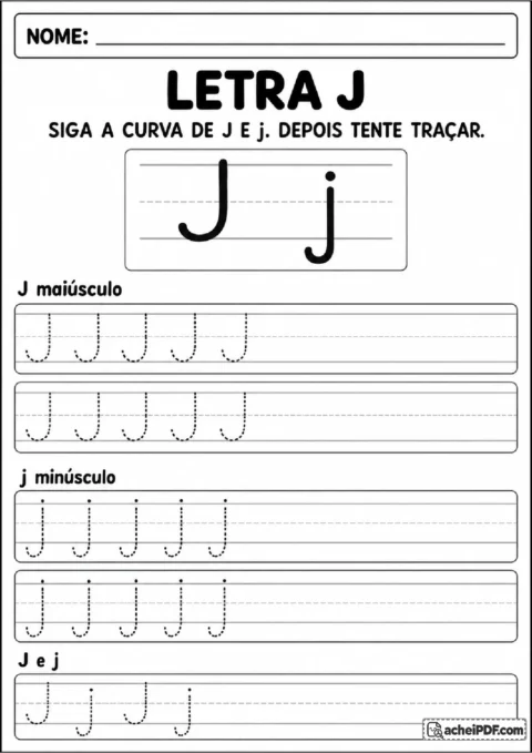 Letra J maiúscula e minúscula com haste, curva inferior e pontilhados.