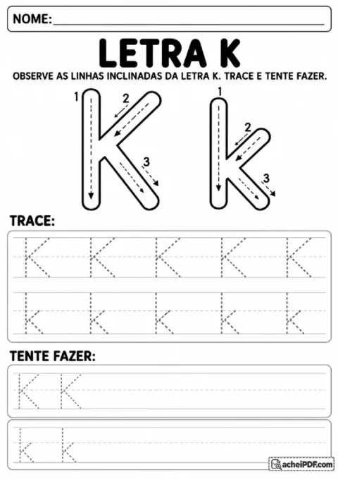Letra K maiúscula e minúscula com haste e diagonais para traçar e copiar.