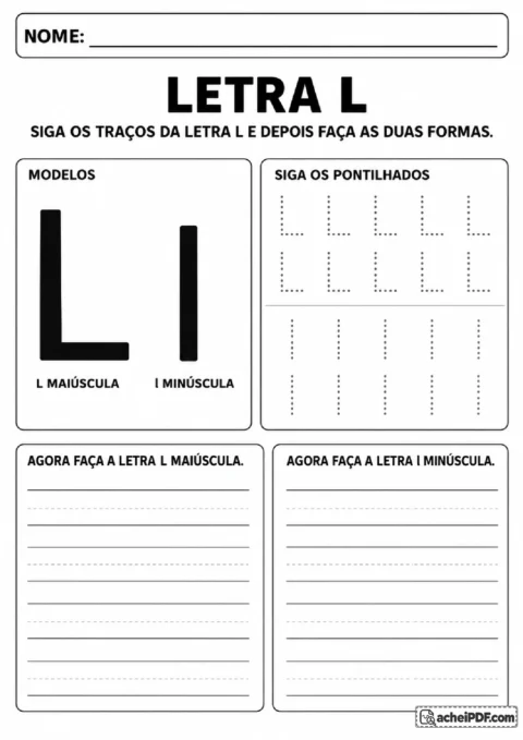 Letra L maiúscula e minúscula com traços verticais e horizontais para prática.