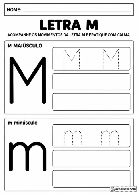 Letra M maiúscula e minúscula com diagonais e arcos em atividade de traçado.