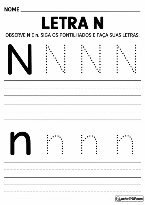 Letra N maiúscula e minúscula com diagonal central e arco para reprodução.