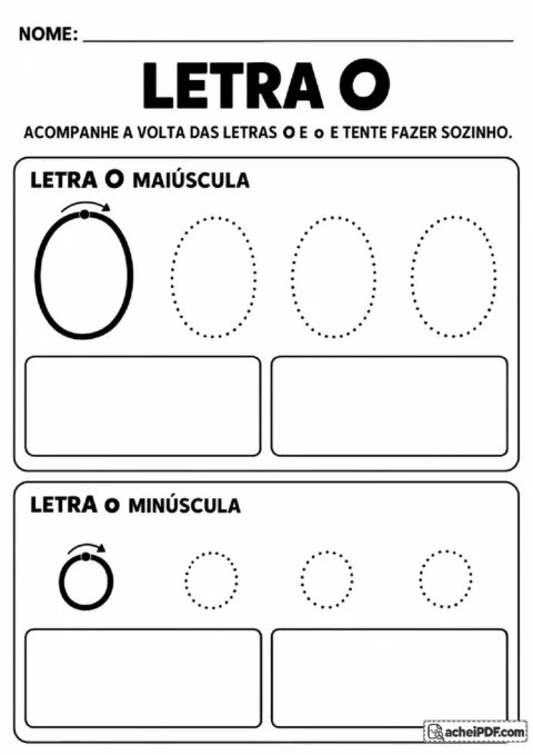 Letra O maiúscula e minúscula com curvas fechadas pontilhadas para praticar.