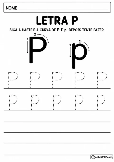 Letra P maiúscula e minúscula com haste e bojo para traçado pontilhado.