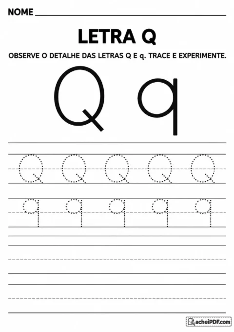 Letra Q maiúscula e minúscula com curva fechada e cauda para reproduzir.