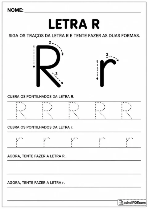 Letra R maiúscula e minúscula com haste, curva e diagonal em pontilhado.