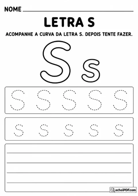 Letra S maiúscula e minúscula com curvas contínuas para seguir e reproduzir.