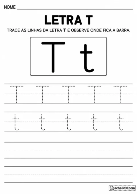 Letra T maiúscula e minúscula com hastes e barras em prática de traçado.