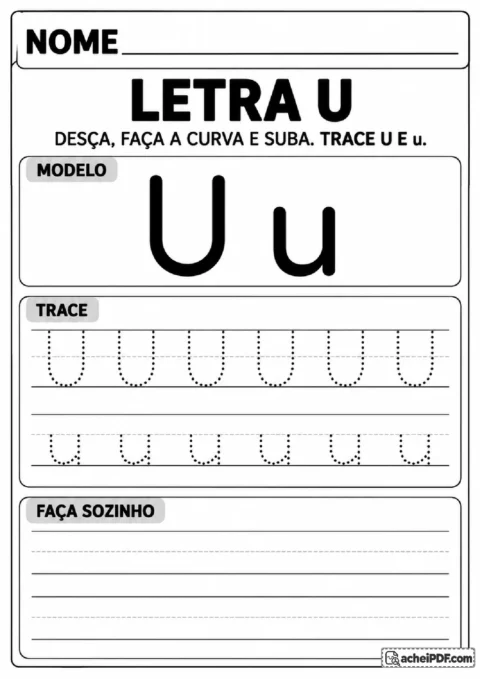 Letra U maiúscula e minúscula com curva inferior pontilhada e espaço de escrita.