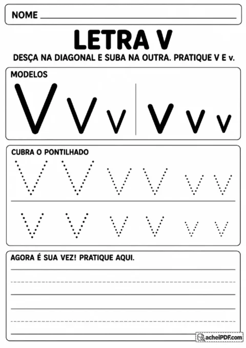 Letra V maiúscula e minúscula com duas diagonais convergentes para traçar.