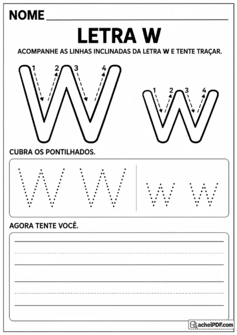 Letra W maiúscula e minúscula com sequência de diagonais para prática gráfica.
