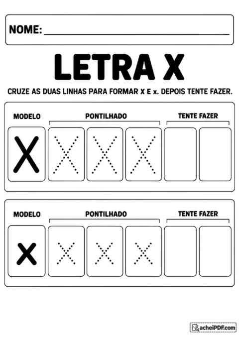 Letra X maiúscula e minúscula com diagonais cruzadas em atividade pontilhada.