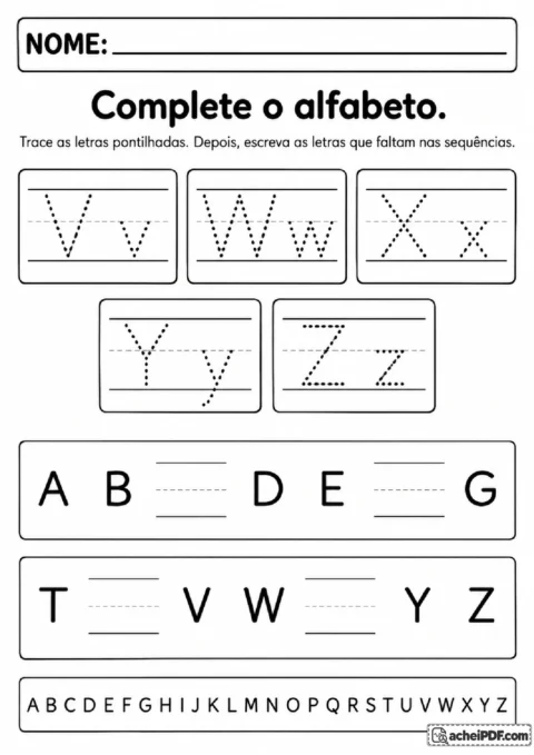 Atividade das letras V a Z pontilhadas com sequências do alfabeto para completar e faixa de consulta de A a Z.