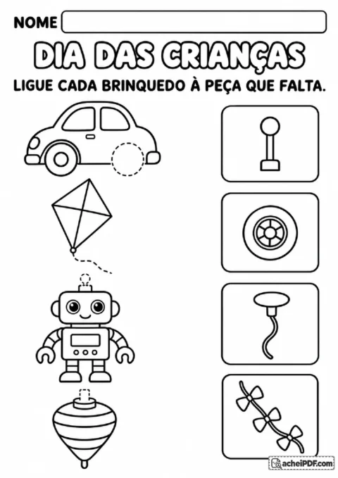 Carrinho, pipa, robô e pião incompletos para ligar cada brinquedo à peça que falta