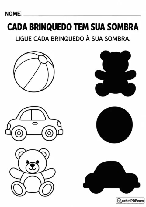 Bola, carrinho e ursinho para ligar às silhuetas correspondentes em atividade de sombras