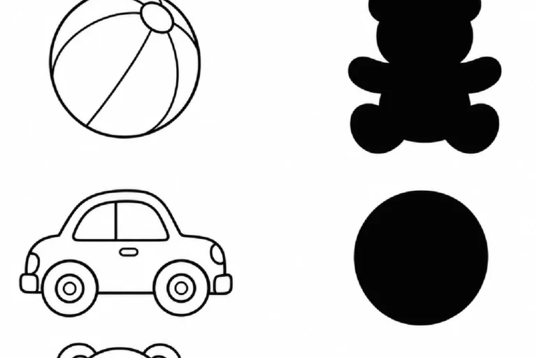 Bola, carrinho e ursinho para ligar às silhuetas correspondentes em atividade de sombras