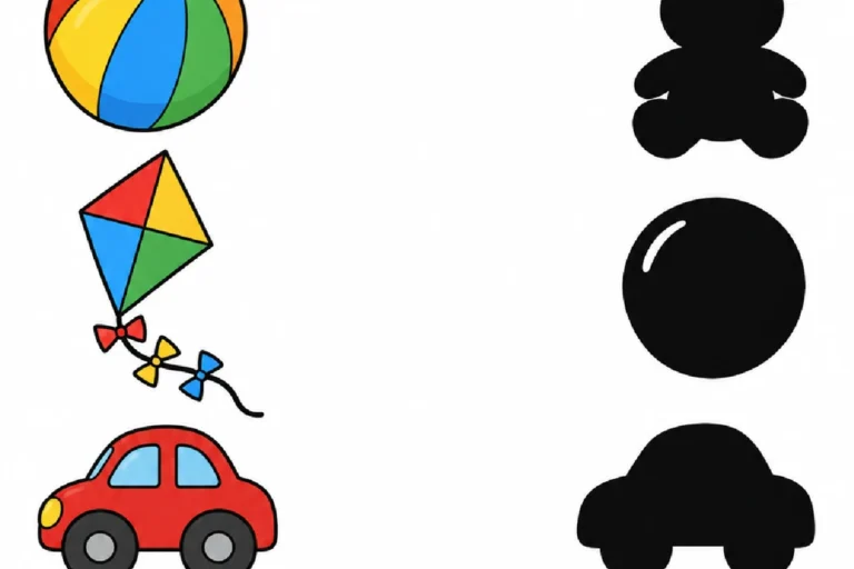 Brinquedos e silhuetas para ligar bola, pipa, carrinho e ursinho às sombras correspondentes