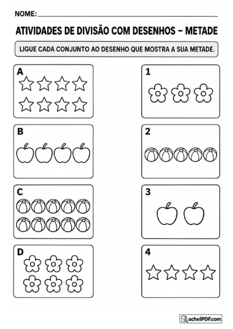 Conjuntos de estrelas, maçãs, bolas e flores para ligar cada quantidade ao desenho de sua metade