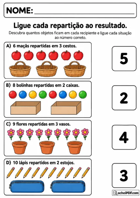 Atividade de ligar repartições de maçãs, bolinhas, flores e lápis aos números correspondentes