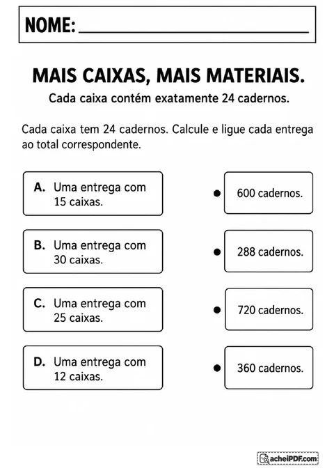 Atividade de ligar entregas de caixas aos totais de cadernos calculados por multiplicação