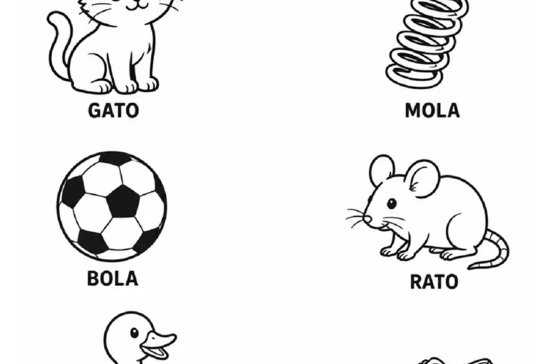 Atividade de rimas com figuras de gato, bola e pato para ligar aos desenhos de rato, mola e sapato.