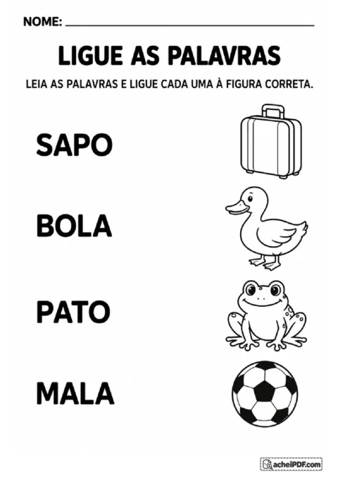 Palavras sapo, bola, pato e mala em uma coluna para ligar às quatro figuras correspondentes.