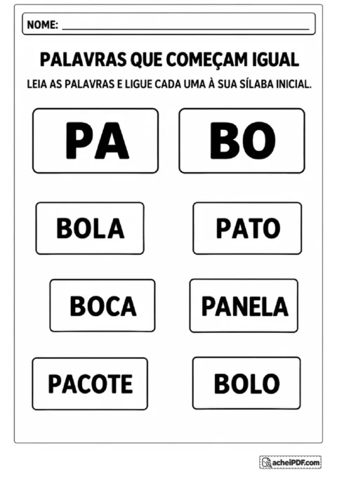 Cartões com palavras como pato, panela, bola e boca para ligar às sílabas iniciais PA e BO.