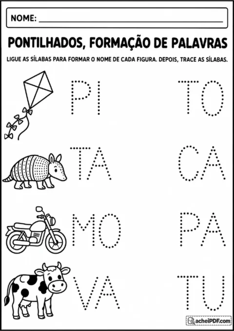 Sílabas pontilhadas em colunas para ligar e formar palavras como pipa, tatu, moto e vaca.