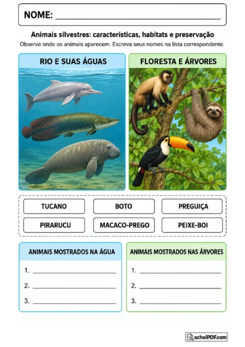 Cenas de rio e floresta com banco de palavras para listar os animais mostrados na água e nas árvores