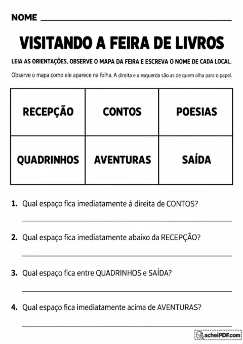 Mapa da feira de livros com recepção, contos, poesias, quadrinhos, aventuras e saída