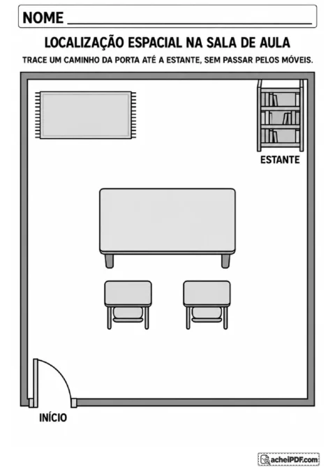 Mapa ilustrado de uma sala de aula para desenhar o trajeto da porta até a estante sem cruzar os móveis.