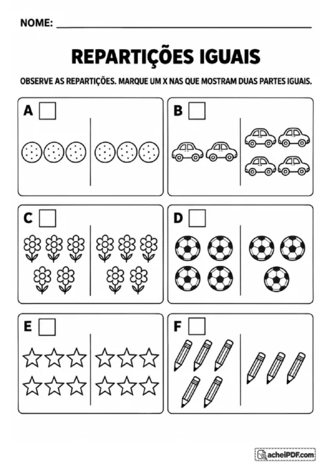Cartões com biscoitos, carrinhos, flores, bolas, estrelas e lápis para marcar repartições iguais