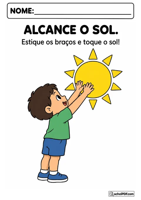 Alcance o sol com criança estendendo os braços para tocar um sol amarelo na parede