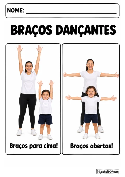 Braços dançantes com criança levantando as duas mãos acima da cabeça e abrindo os braços lateralmente