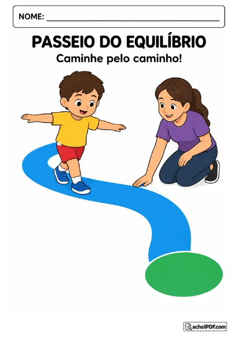 Passeio do equilíbrio com criança caminhando sobre faixa azul larga até um círculo verde