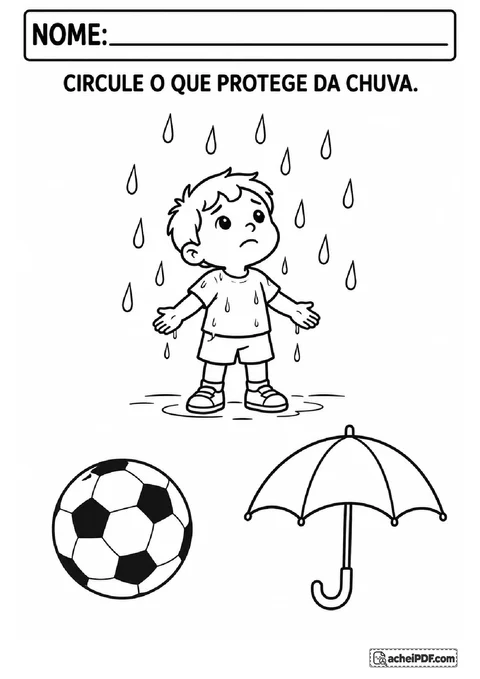 Criança sob gotas de chuva com desenhos de bola e guarda-chuva para circular o objeto que protege