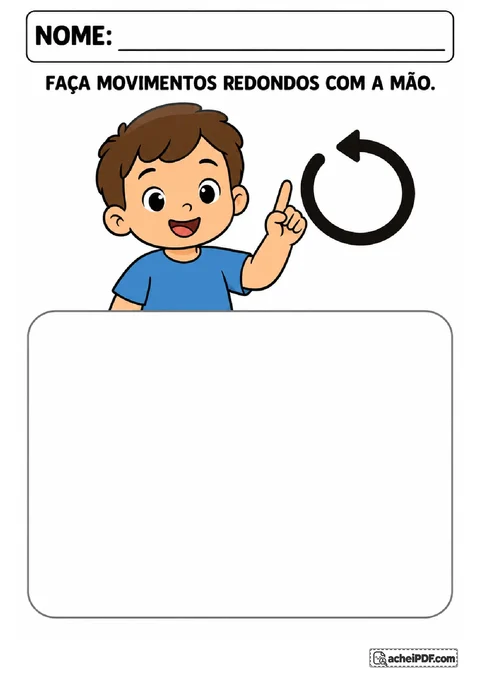 Personagem com dedo indicador levantado e seta circular para imitar gestos e fazer marcas curvas