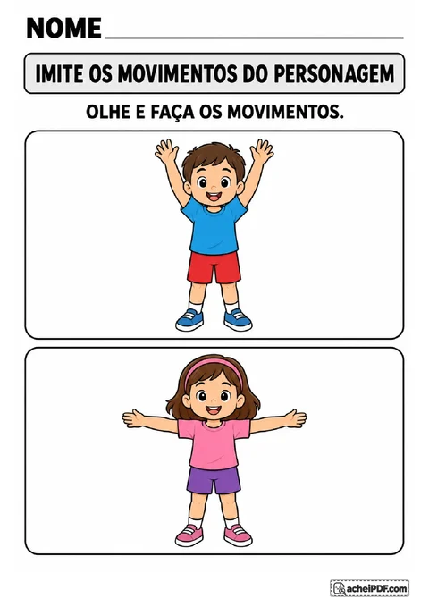 Personagens com braços levantados e abertos lateralmente para imitar dois movimentos corporais
