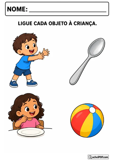 Duas crianças em situações cotidianas para ligar uma bola e uma colher a quem precisa delas