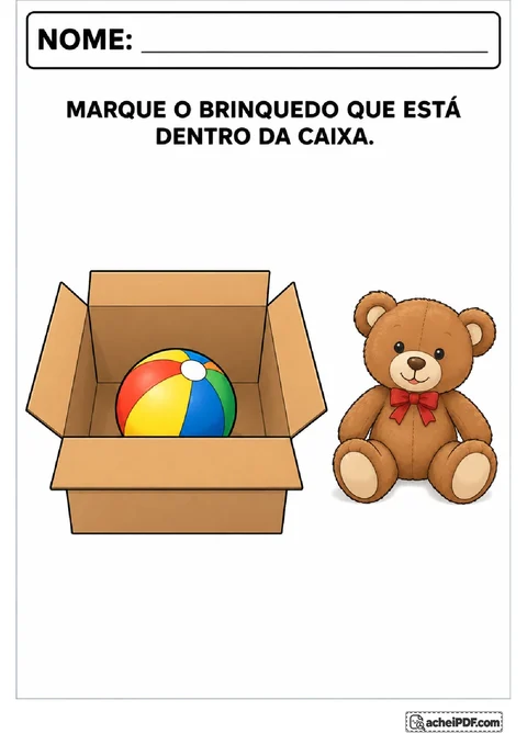 Caixa aberta com bola dentro e urso de pelúcia fora para marcar o brinquedo na posição indicada