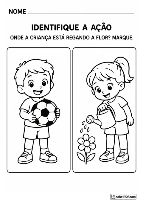 Criança segurando uma bola e criança regando uma flor para identificar e marcar a ação indicada