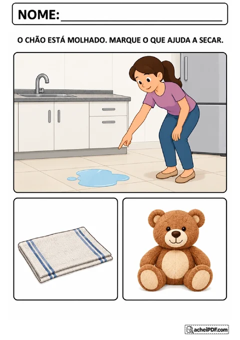 Cena de chão molhado com alternativas de pano de chão e urso de pelúcia para escolher o objeto útil
