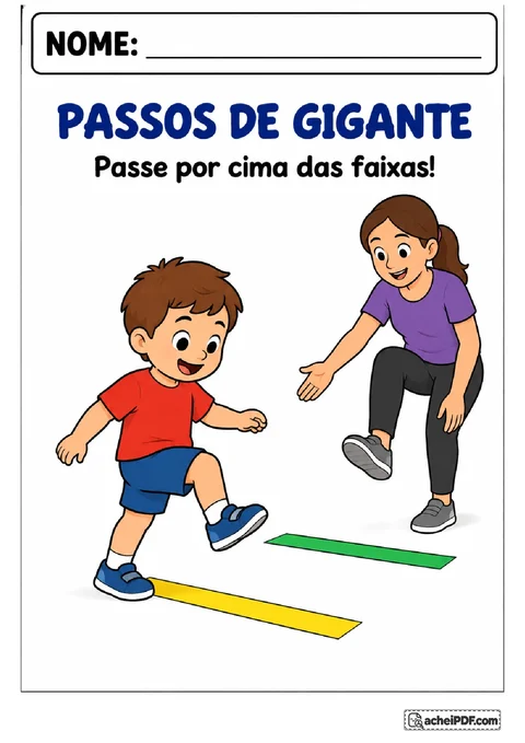Passos de gigante com criança levantando o pé para passar por duas faixas coloridas no chão