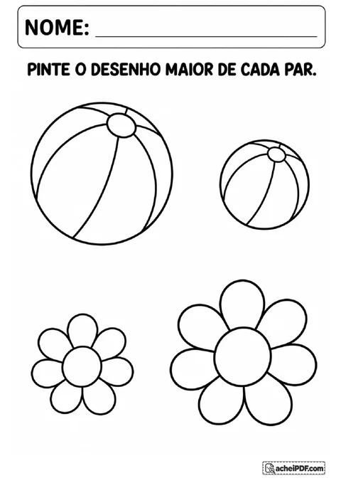 Pares de bolas e flores em tamanhos diferentes para observar e pintar o desenho maior de cada par