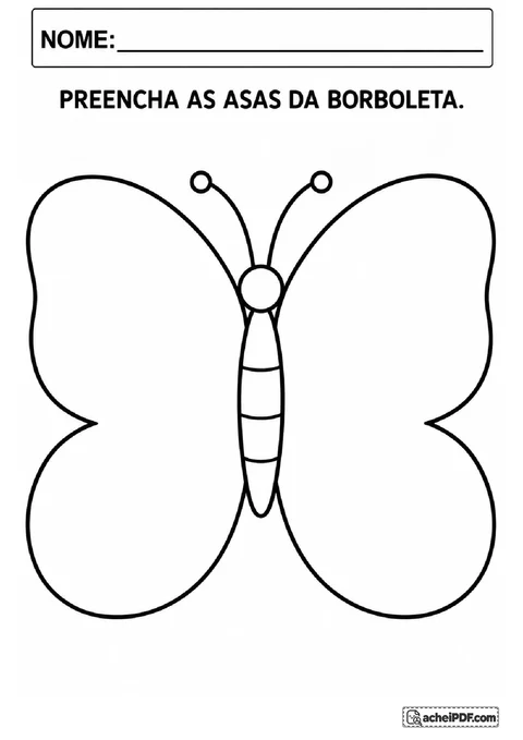 Borboleta grande com asas arredondadas e espaços brancos para preencher com colagem ou carimbos