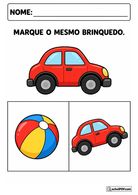 Carrinho de brinquedo como modelo e alternativas com bola e carrinho inclinado para marcar o correspondente