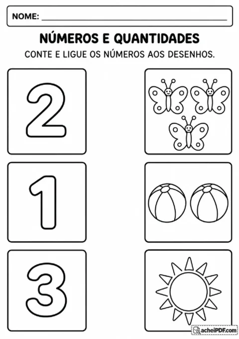Numerais 2, 1 e 3 para ligar aos conjuntos correspondentes de borboletas, bolas e sol